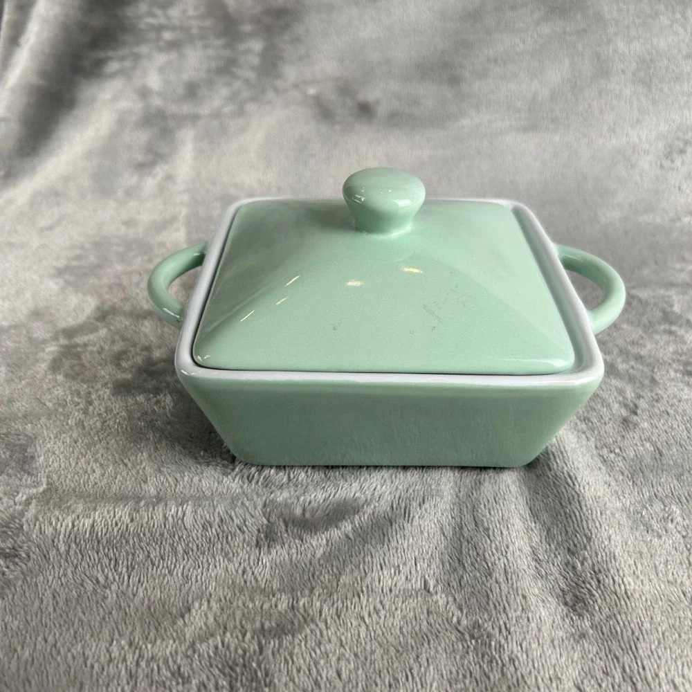 Martha Stewart Mint Green Ceramic Mini Cocotte Square Ramekin with Lid Stoneware